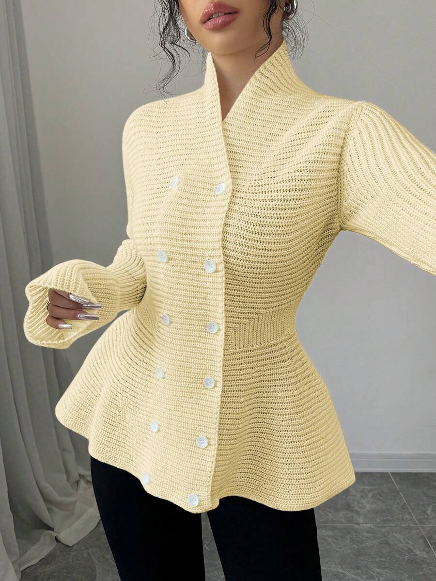 Elenzga Elegant Waist-Cinched Double-Breasted Ribbed Peplum Cardigan - Yellow - View 1