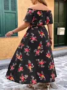 SHEIN VCAY Conjunto 2 en 1 de talla grande, blusa con hombros descubiertos y estampado floral romántico, y falda/pantalón de línea A con abertura frontal, conjunto casual para vacaciones, primavera, verano, playa y brunch para mujer, también ideal para aeropuerto.