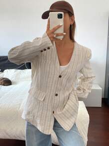 Livesso Vintage Striped Loose Fit V-Neck Lightweight Long Sleeve Women Casual Spring/Summer Jacket Linen,Fall Clothes