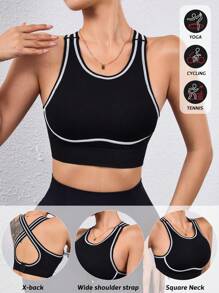 SHEIN Sports 女士时尚条纹撞色可调节运动胸罩 - 黑色 - 查看 2