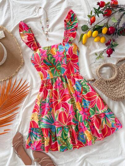 Soleia Women's Tropical Floral Print Casual Loose Dress With Wide Straps Beach Vacation Outfits Spring Summer Outfits For Women West Music Festival Bohemia Holiday Boho,Sun Dress,Summer Dresses For Women