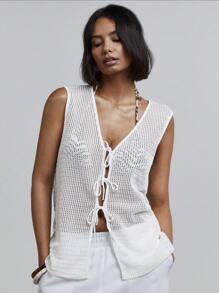 Athîral Women Solid Color Crochet Knit Tie Front Vest Top