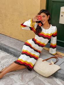 Breezaya French Style Colorblock Wave Design Striped Hollow-Out Knitted Sweater Dress - Multicolor - View 5