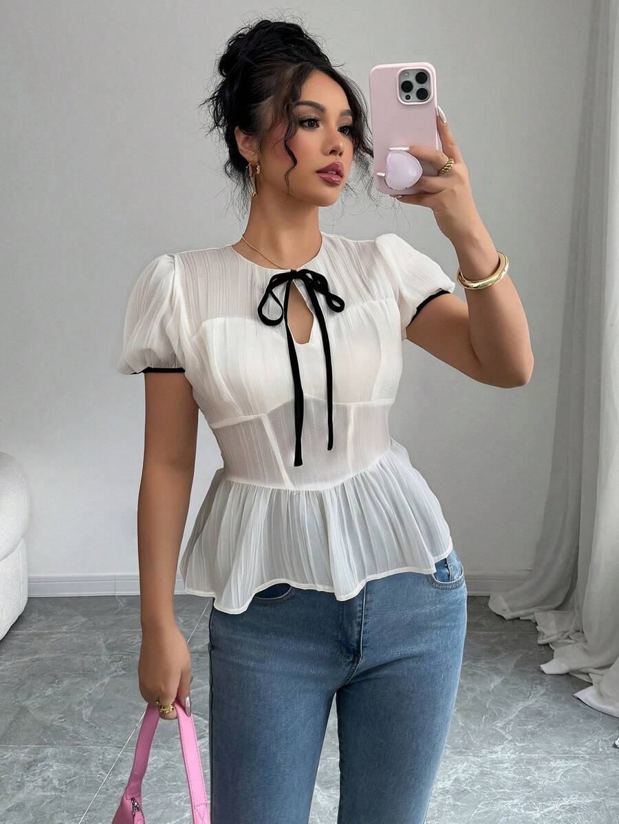 Chiquease Women Casual Hollow Out Collar Contrast Color Ruffle Hem Fitted Cute Short Sleeve Blouse - White - View 1