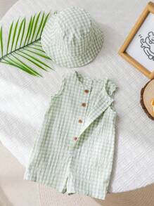 SHEIN 2pcs Newborn Baby Boy Summer Cute Casual Green Plaid Romper With Hat, Suitable For Birthday Party, Evening Party, Performance, Wedding, One Month Celebration, Christening And 1st Birthday, Baby Shower, Wedding Guest, Pageboy, Ring Bearer, Flower Girl - Multicolor - View 3