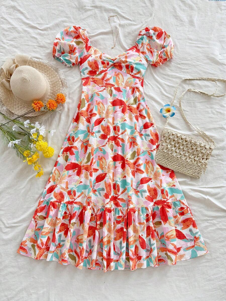 Soleia 大码女式度假花卉印花泡泡袖荷叶边下摆浪漫婚礼派对毕业休闲返校单身女郎复古夏季橙色热带印花连衣裙 - 彩色 - 查看 1