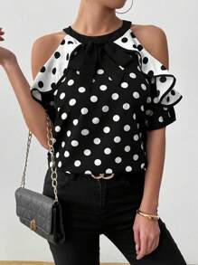 Calvaya Blouse à pois, chemise élégante pour femme, blouse à volant romantique, contraste de couleur noir et blanc