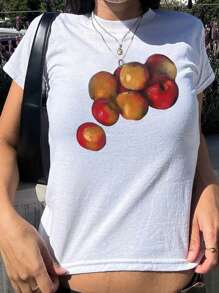 SHEIN EZwear Damska koszulka z okrągłym dekoltem i krótkim rękawem, z nadrukiem, swobodna, regularna