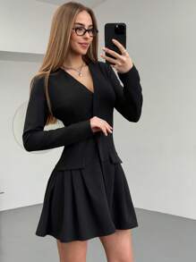 Aloruh 黑色 V 领长袖短款上衣套装，美人鱼风格办公室穿着 - 黑色 - 查看 1