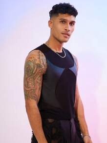 FeverCity Men's Elastic Leather & Mesh Splice Tight Tank Top - Black - View 5