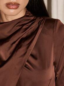 AiiRZ Elegant Wrap Maxi Evening Dress With Side Cut-Out Detail Satin Gown High Neck Long Sleeve Special Occasion Floor Length Winter Fall Formal Wedding Guest Party