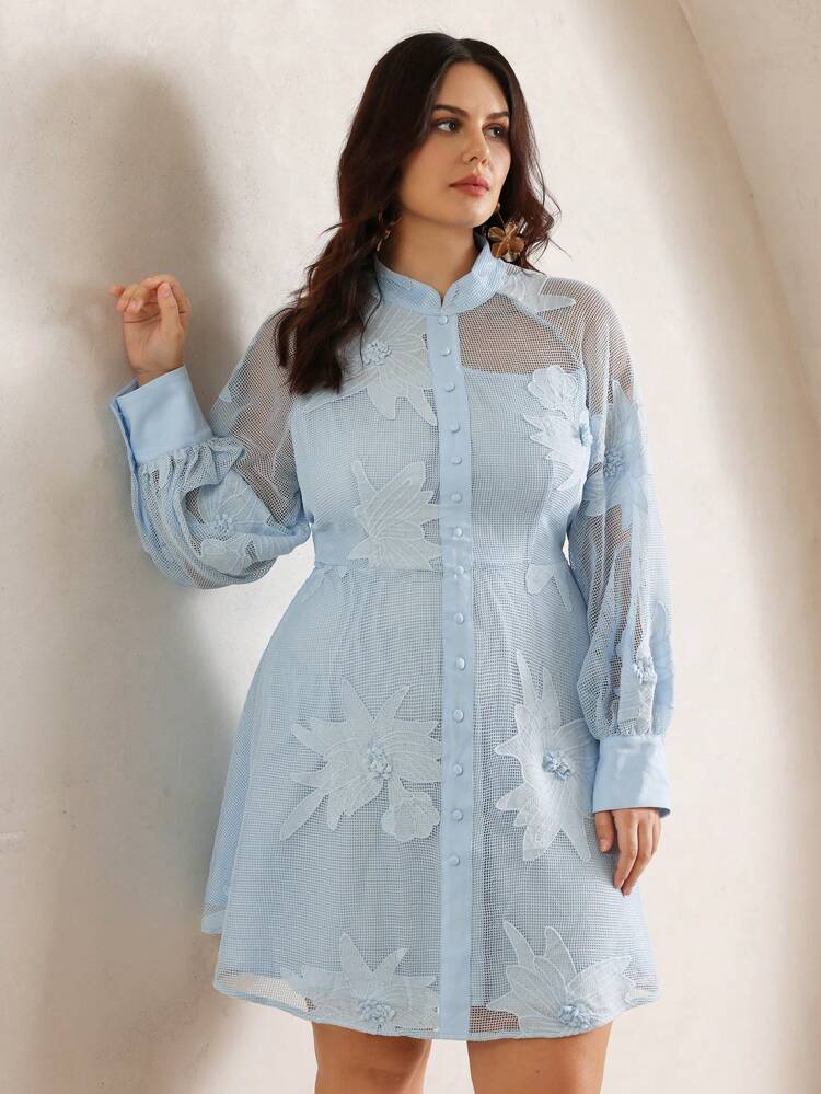 Ladies Plus Size Mesh Perspective Embroidered Entrance Guard Decorative Buttons Elegant Mini Blue Long-Sleeved Dress Mesh Dress, Spring Outfits For Women