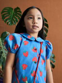SHEIN Young Girls Strawberry Print Puff Sleeve Collared Button-Down Blouse, Vacation Style Countryside Aesthetic - Blue - View 4