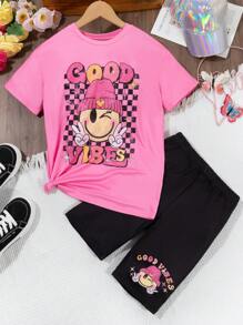 SHEIN 2pcs/Set Girls Casual Streetwear Sunshine Smiling Face Cute Pattern Loose Comfy T-Shirt & Bike Shorts Set - Multicolor - View 5