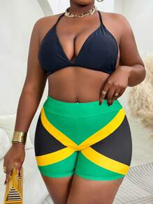 SHEIN Swim Vcay Jamaican Carnival Style Colorblock Plus Size Swimwear Bikini Bottom, Summer Beach Vacation - Multicolor - View 3