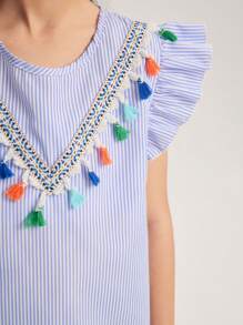 SHEIN Tween Girl 盖袖蓝白条纹流苏衬衫，适合搭配裤子、裙子 - 藍色 - 查看 7