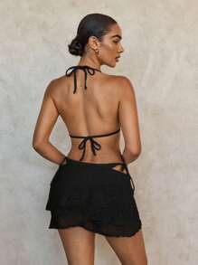 SHEIN Swim Vacation Beach Solid Color Bikini With Lace Cover-Up Sarong 2 Pieces Set For Summer - Black - View 2