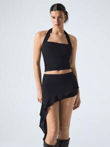 LYSMO 女士透明露背上衣搭配不对称荷叶边下摆裙子套装