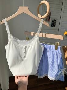 SHEIN Comfortcana 2pcs Women Summer Solid Color Lace Trim Cami & Striped Shorts Set - Blue - View 7