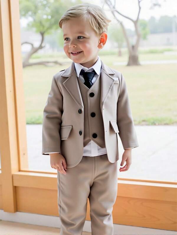 SHEIN 3pcs Young Boy Elegant Formal Suit, Gentleman Style Piano Performance Outfit, Pageboy Wedding Tuxedo, Classic English Design Vest, Shirt And Pants Set, Suitable For 4-7 Years Old, Spring/Summer/Autumn