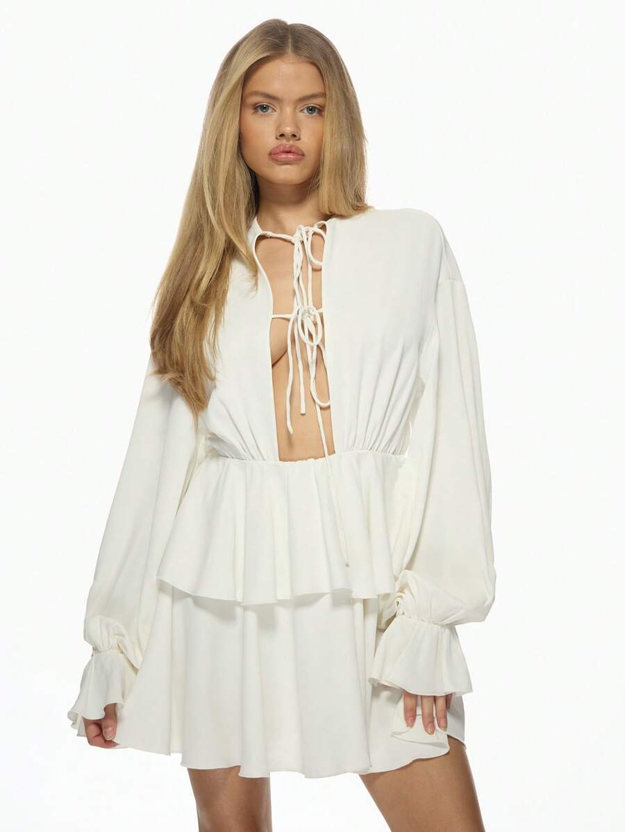 MISSGUIDED Boho Chic Long Sleeve Ruffle Mini Dress With Tie Front Detail Empire Waist Summer Spring Beach Wedding Guest Resort Wear Flowy Dress - White - View 1