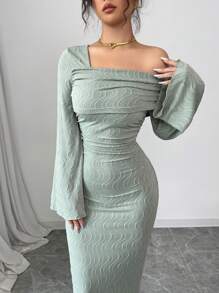 Modelyn Robe à manches longues en jacquard plissé à épaules obliques pour femmes - Vert - Voir 3