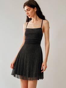 Uhlyne Uhlyne Vestido mini de punto de tirantes de espagueti metálico casual, primavera/verano - Negro - Ver 4