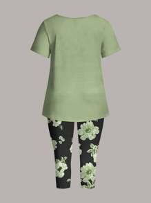 EMERY ROSE 2 件套女士加大码绿色圆领短袖花卉印花 T 恤和 3/4 裤，夏季 - 綠色 - 查看 6