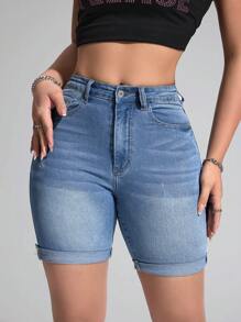 SHEIN Essnce 休闲牛仔短裤，简约时尚，日常穿搭 - 藍色 - 查看 6
