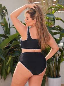 SHEIN Swim Curve 2 件大码女式黑色针织对比色简约比基尼套装，度假，夏季海滩 - 黑色 - 查看 2