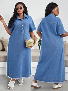 SHEIN Lady Plus Size Long Denim Casual Short Sleeve Dress, Blue Summer Vacation Outfits Woman 90s Clothes Spring Outfits For Women Y2k Clothes Cowgirl Outfits For Women Rave Spring Break Outfits Going Out Outfits Streetwear 2000s Style Concert Outfits Old Money Vegas Night Outfit Festival Outfits For Women Rave Outfits Festival Easter Women Birthday Outfits For Women Beach Outfits For Woman Boho Ibiza Fits Festival Outfits For Women - Blue - View 1
