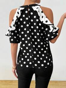 Calvaya Blouse à pois, chemise élégante pour femme, blouse à volant romantique, contraste de couleur noir et blanc
