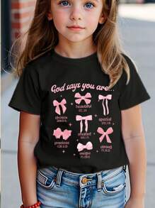 SHEIN Young Girl Casual Stylish Comfortable Simple Letter & Bow Pattern Short Sleeve T-Shirt, Spring/Summer - Black - View 1