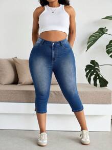 SHEIN EZwear Plus Size Skinny Stretch Denim 7/8 Length Jeans, Blue,Stretch Denim Jeggings, Casual Skinny Fit,Casual Denim  Stretch Jeggings,Super Cycling Pants,Casual Daily Wear ,Yoga Sports ,Zipper Design Casual Sweatpants, Simple & Fashionable For Daily Wear,Solid Color Casual Pants, Simple And Fashionable For Daily Wear,High Stretch Slim-Fit Leggings, Casual Fitted 7/8 Length Jeans - Blue - View 4