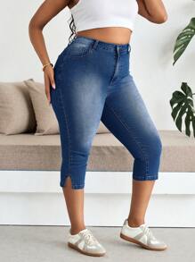 SHEIN EZwear Plus Size Skinny Stretch Denim 7/8 Length Jeans, Blue,Stretch Denim Jeggings, Casual Skinny Fit,Casual Denim  Stretch Jeggings,Super Cycling Pants,Casual Daily Wear ,Yoga Sports ,Zipper Design Casual Sweatpants, Simple & Fashionable For Daily Wear,Solid Color Casual Pants, Simple And Fashionable For Daily Wear,High Stretch Slim-Fit Leggings, Casual Fitted 7/8 Length Jeans - Blue - View 6