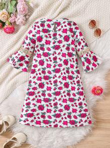 女童纯色拼接长袖休闲连衣裙