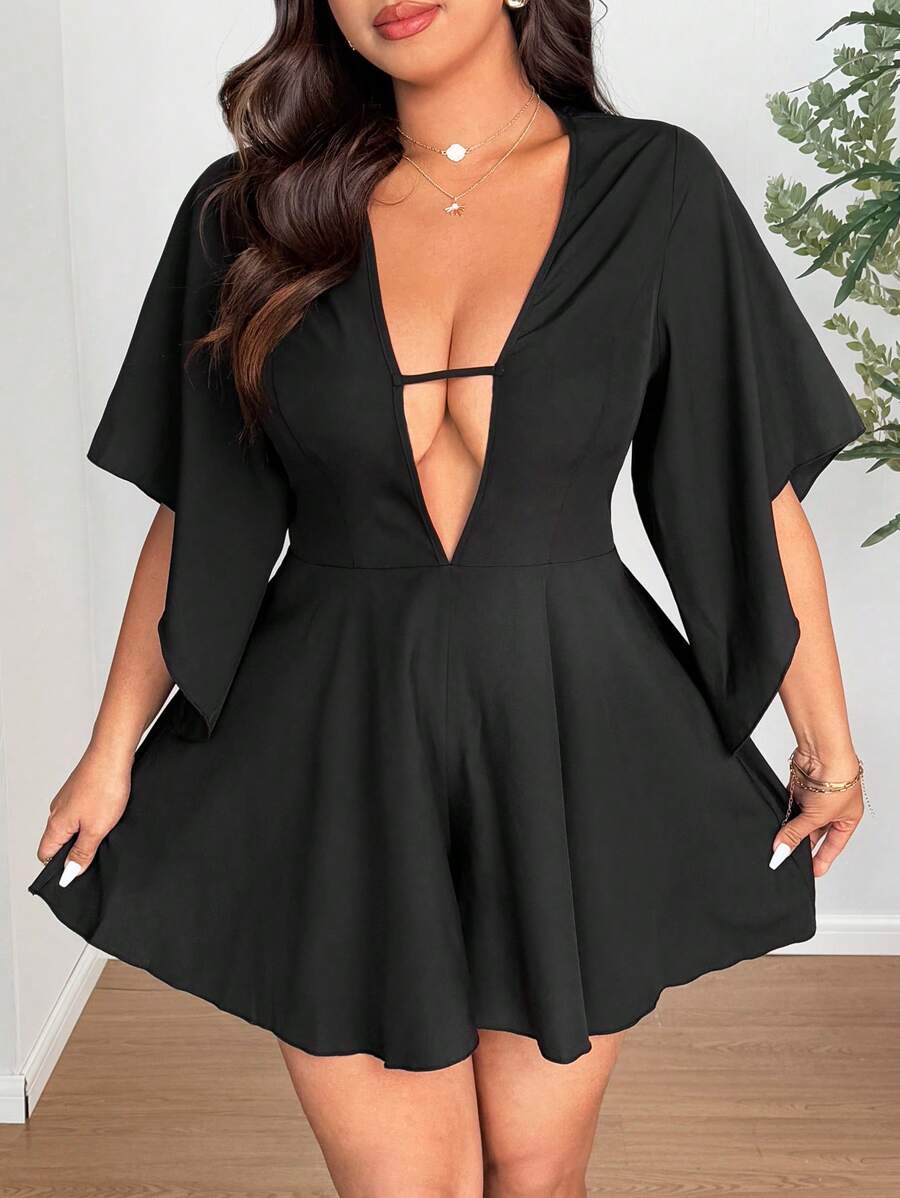 SHEIN Clasi Plus Size Solid Color Short Sleeve Wide Strap Casual Loose Jumpsuit - Black - View 1