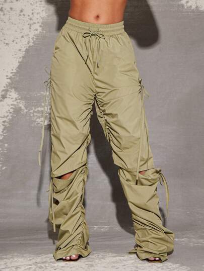 Vixey Adjustable Cord Ruched Cut Out Woven Casual Pants, Baggy, Streetwear For Women