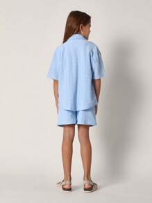 SUMWON Girls Summer Broderie Anglaise Set Two-Piece Boxy Button-Up Shirt Shorts Matching Outfit Beach Vacation Resort Wear Weekend Casual Spring - Blue - View 2