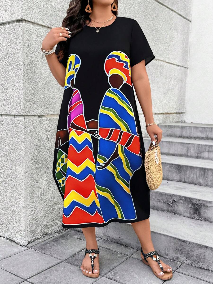 Breezaya 大码女式卡通印花圆领短袖休闲连衣裙 - 黑色 - 查看 1