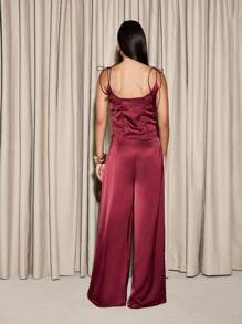AiiRZ Scoop Satin Tie Shoulder Corset Top And Wide Leg Trouser Set - Red - View 2
