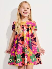 SHEIN Young Girl Floral Print Round Neck Loose Fit Short Sleeve Dress, Vacation Style