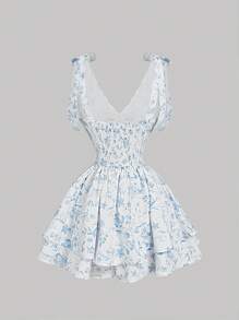 SHEIN MOD Women's Blue & White Floral Print Jumpsuit,Jumpsuits For Woman Elegant,Brunch Outfits For Women,Fairycore,Vacation Outfits Woman,Summer Outfits For Women
