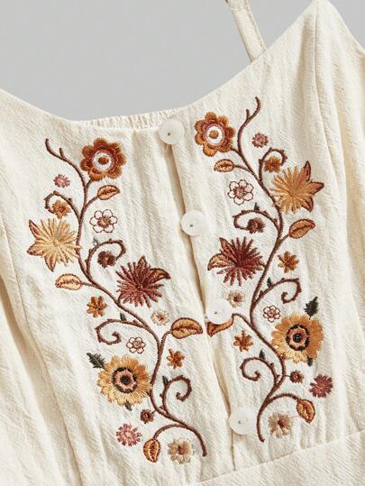 Fairycore Vintage Floral Embroidery Drawstring Strap Slip Dress, Spring/Summer