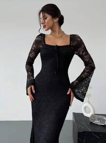 Firerie 女士心形领喇叭袖胸罩杯合身长款蕾丝浪漫约会白色美人鱼连衣裙，春夏装，情人节 - 黑色 - 查看 3