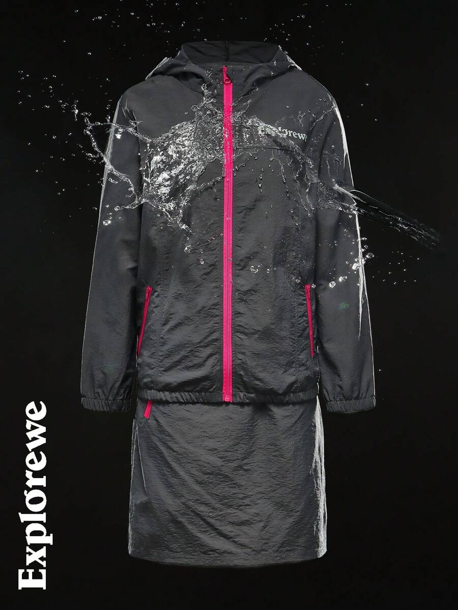 SHEIN 2pcs/Set Teenage Girl Letter Print Hooded Jacket And Mini Skirt