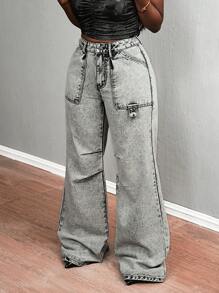 SHEIN Slayr Women's Pleated Pocket Wide Leg Loose Casual Jeans