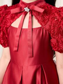 SHEIN 青少年女孩合身优雅镂空腰部喇叭形 A 字形连衣裙 - 紅色 - 查看 4