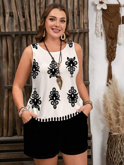 Mellowie 2 件套大码休闲复古印花背心和纯色短裤，适合夏季