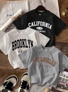 Attitoon 3pcs Casual Minimalist English Graphic Round Neck Short Sleeve Cropped Fitted Tee Shirt For Women Back To School